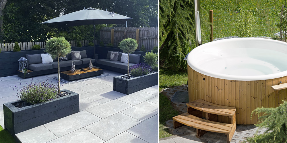 (Left) Rock slate Grigio patio paving, (Right) A wooden-sided hot tub on concrete patio squares